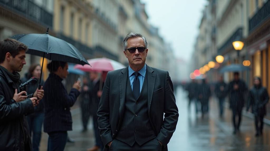 Bruno Retailleau en visite officielle, portant ses lunettes de soleil malgré la pluie