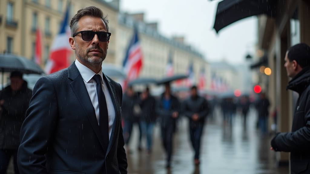 Bruno Retailleau portant des lunettes de soleil sous la pluie à Nantes en janvier 2025