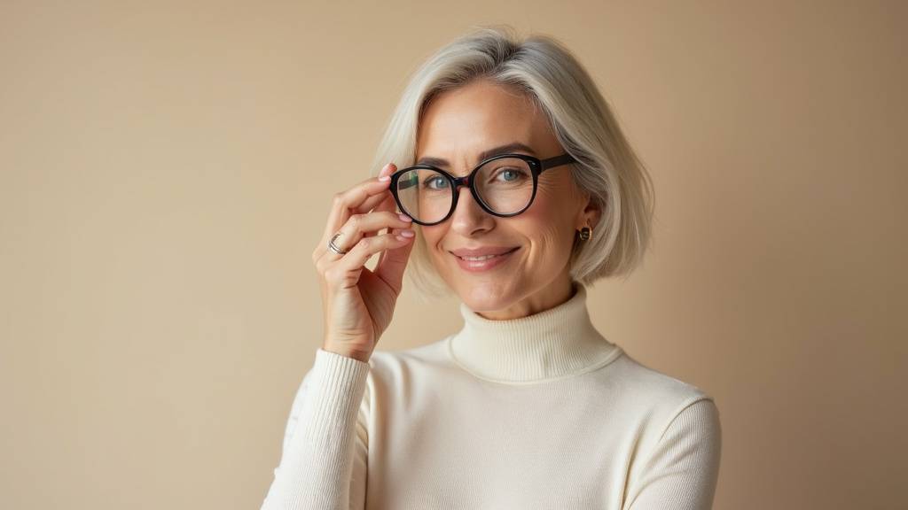 Femme élégante de 50 ans avec coiffure mi-longue et lunettes de vue, représentant l'harmonie parfaite entre accessoires et cheveux