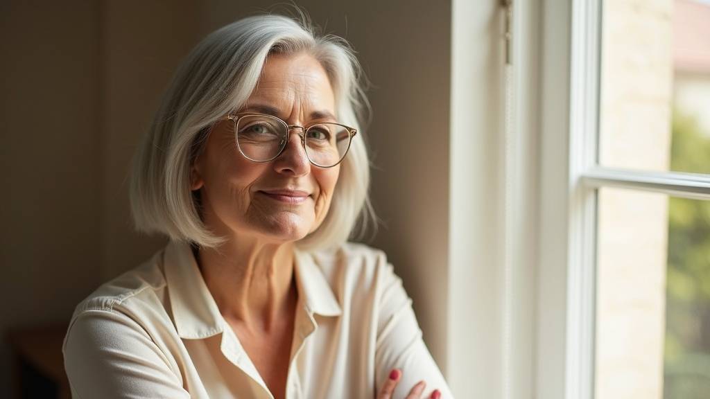 Femme élégante de 50 ans avec lunettes et coiffure moderne, symbole du style et de l'harmonie entre accessoires et cheveux