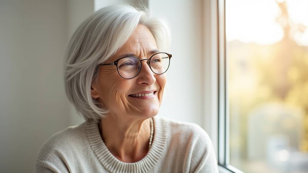 Détail d'une femme souriante de 70 ans avec une coupe courte moderne et des lunettes, mettant en valeur l'harmonie entre coiffure et monture.