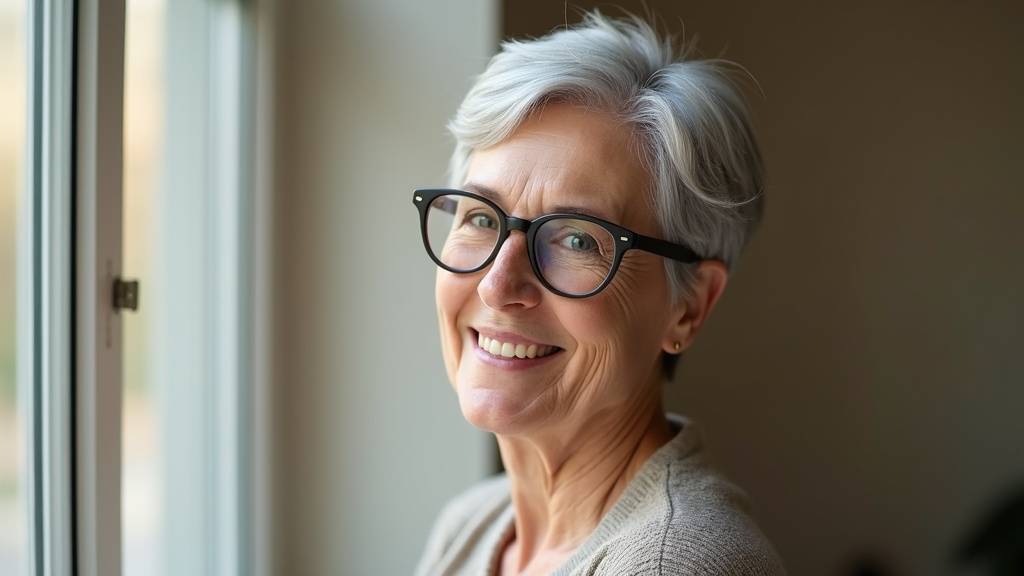 Femme senior élégante avec une coupe de cheveux courte et des lunettes colorées, montrant l'importance de l'accessoirisation pour un look moderne.