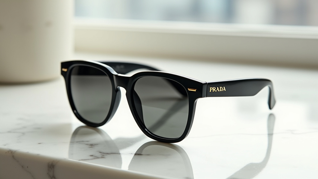 Homme portant des lunettes de soleil Prada noires dans un cadre chic urbain, symbole du style masculin et de l'élégance italienne