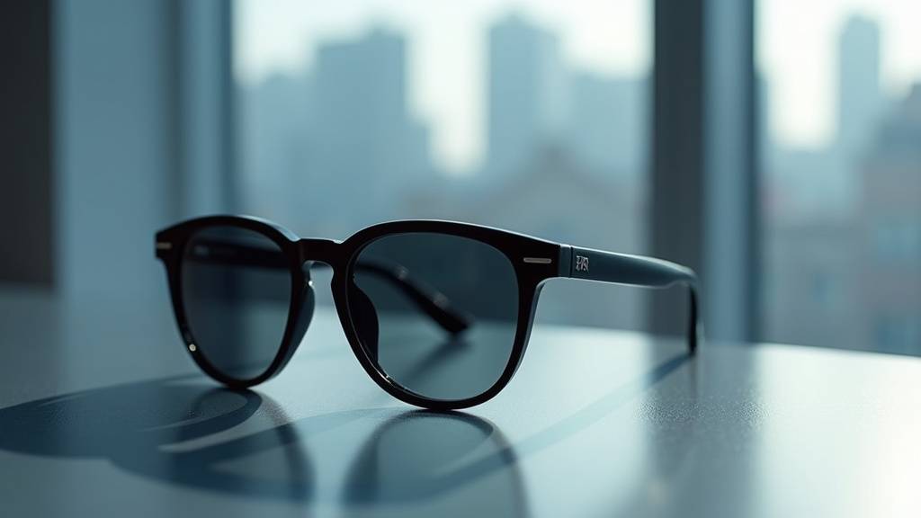 Neo portant les lunettes Blinde iconiques dans le film Matrix, regard intense et déterminé.