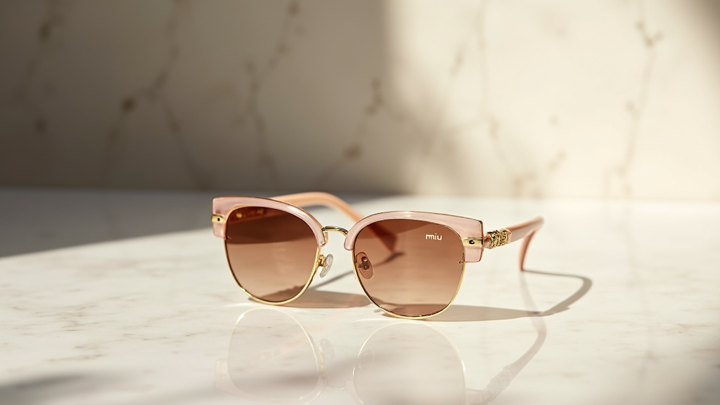 Modèle de lunettes de soleil Miu Miu de la collection Ivresse en nacre avec branches dorées, posées sur un bureau élégant