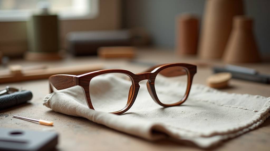 Intérieur d'un opticien indépendant, présentant des lunettes créatives et originales sur des présentoirs en bois, ambiance chaleureuse.